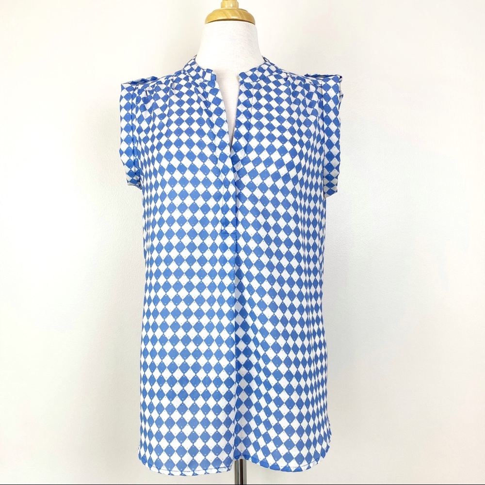 Antilia Femme Blue & White Diamond Pattern Blouse, L